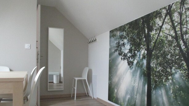 A modern room with a large forest mural, a wooden dining table, and white chairs. - Chambre et Appartement Zen de Beauval (Seigy)