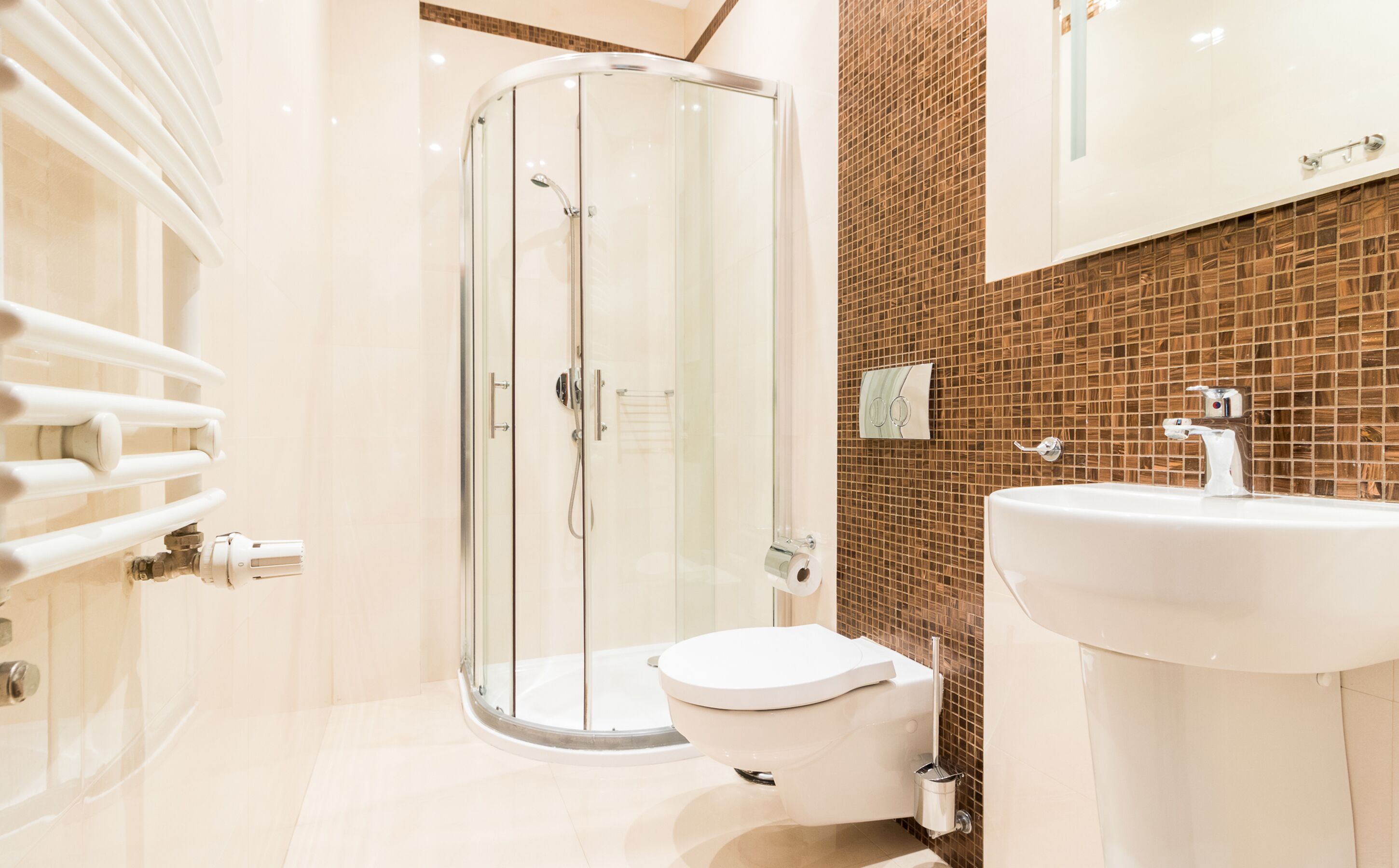 A modern bathroom with a glass-enclosed shower, a toilet, and a sink.