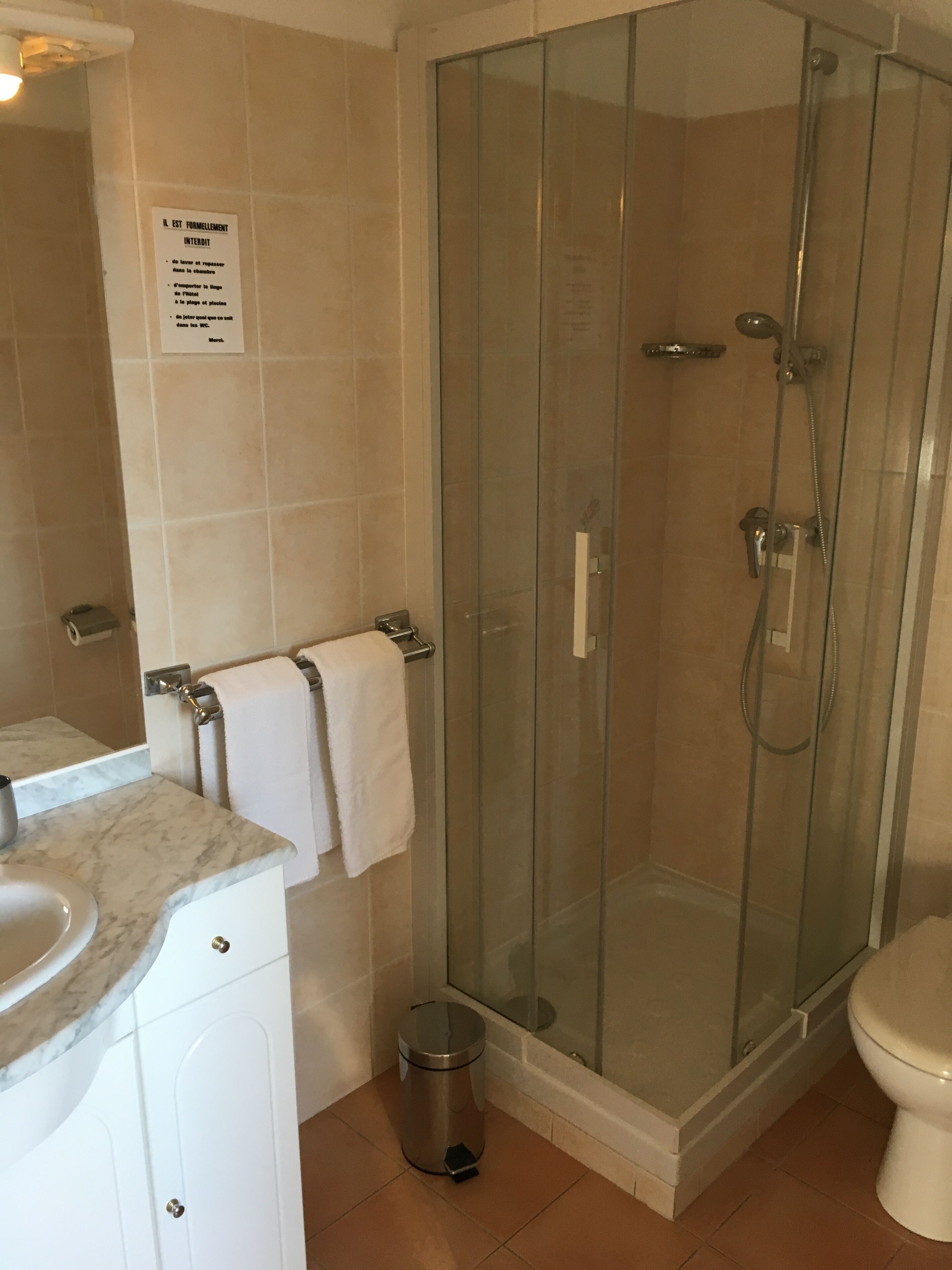 A bathroom with a glass-enclosed shower, a sink with a marble countertop, and a toilet.