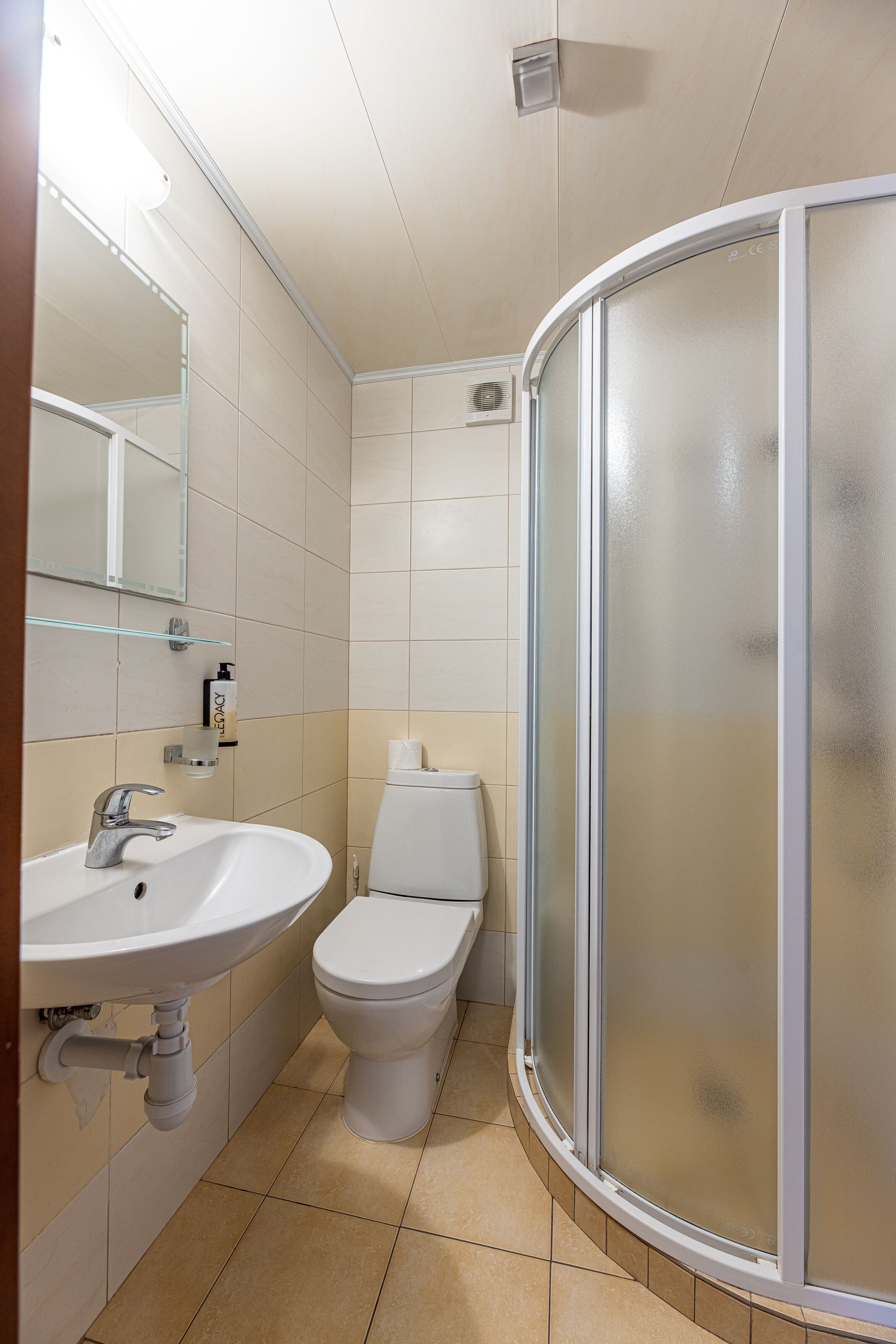 A bathroom with a sink, toilet, and frosted shower enclosure.