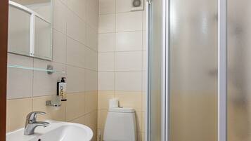 A bathroom with a sink, toilet, and frosted shower enclosure.