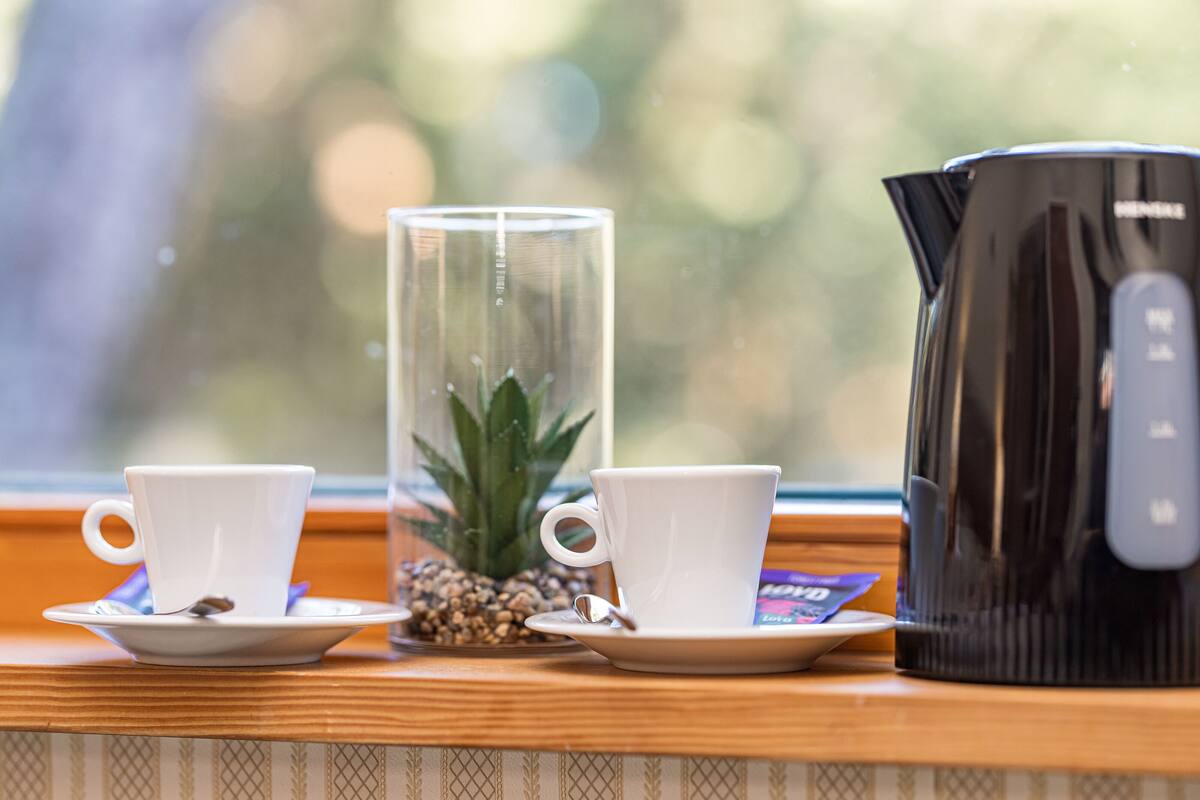 Two white cups on saucers, a clear glass container with a plant, and a black coffee maker on a wooden surface.