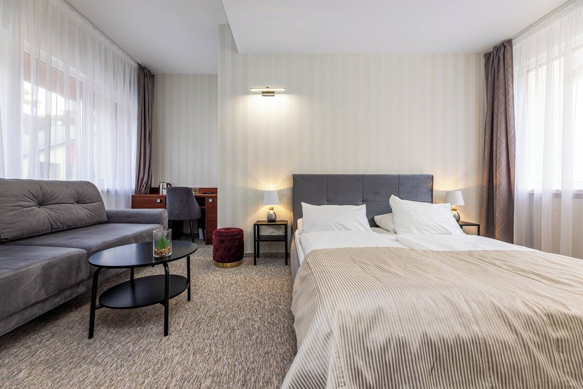 A hotel room with a bed, a sofa, a small table with a plant, and a nightstand with a lamp.