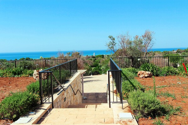 A pathway leading to a scenic view of the sea, surrounded by greenery and a stone wall.