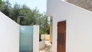 A narrow outdoor corridor with a blue-tiled door, a stone wall, and a wooden door. - Villetta 54 (Salve)