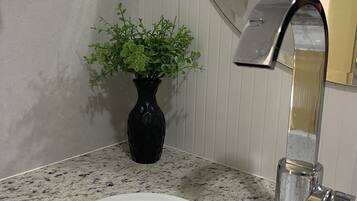 Un baño con un lavamanos blanco, un florero negro con plantas verdes y un espejo sobre el lavamanos.