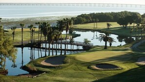A golf course with a water hazard, palm trees, and a bridge in the background.
