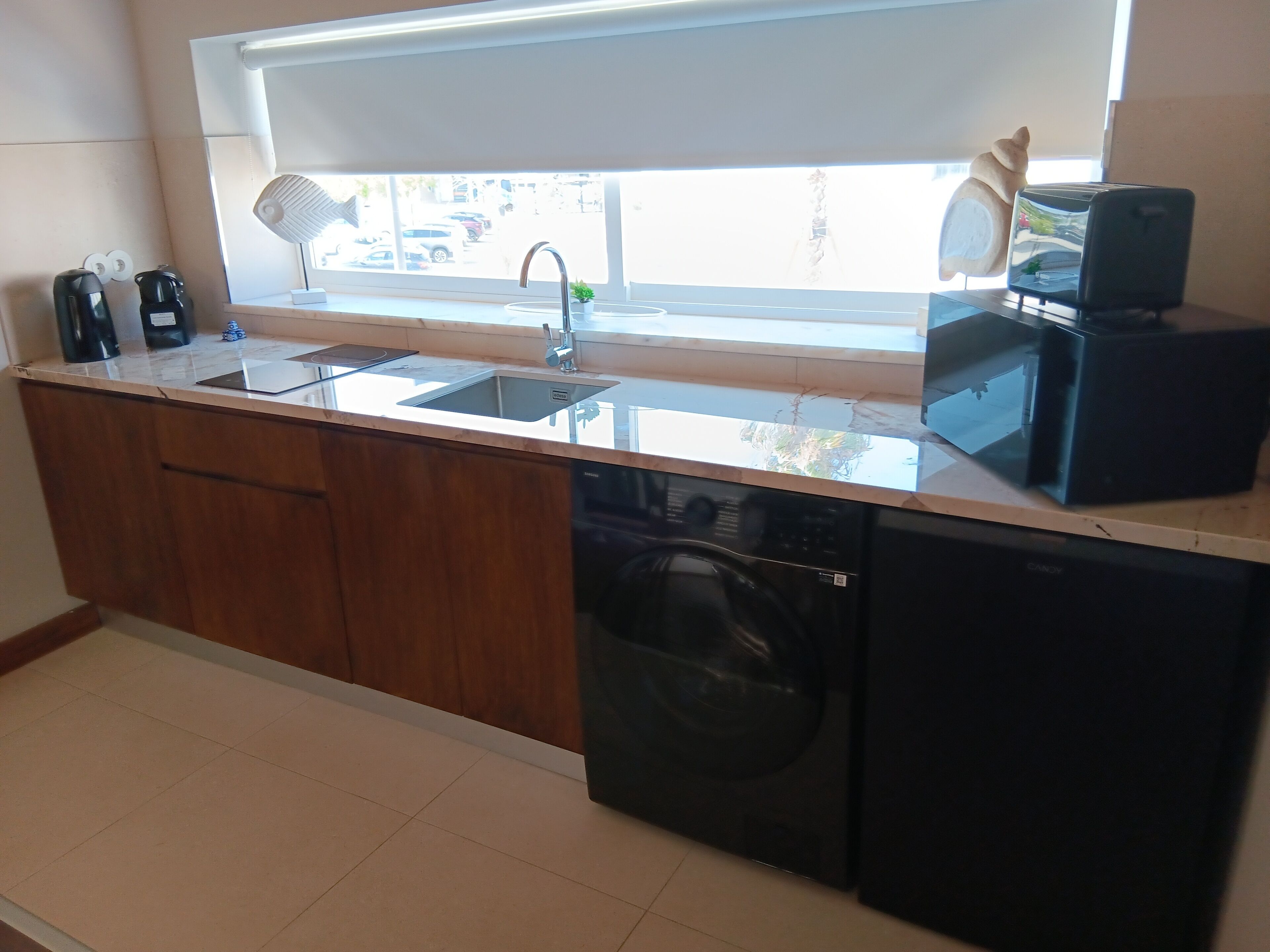 Cozinha compacta com pia, micro-ondas e lava-louças.