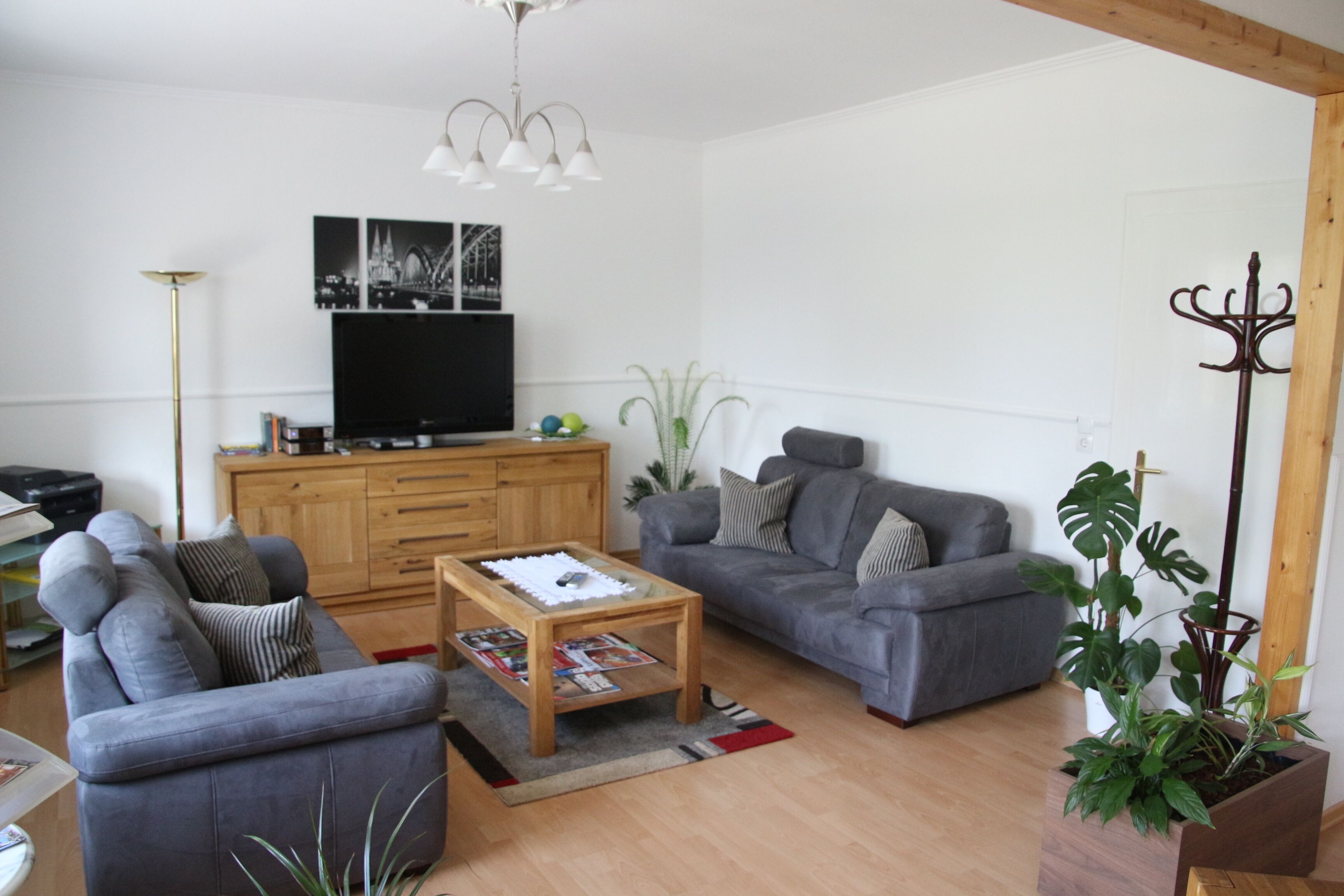 A living room with a grey sofa, a wooden coffee table with magazines, a television on a wooden cabinet, and a potted plant.