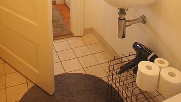 A bathroom with a sink, toilet, and a shower area. - Direct Inner City 2 (Copenhagen)