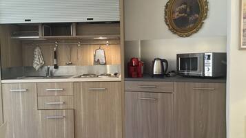 Fridge, microwave, stovetop, coffee/tea maker