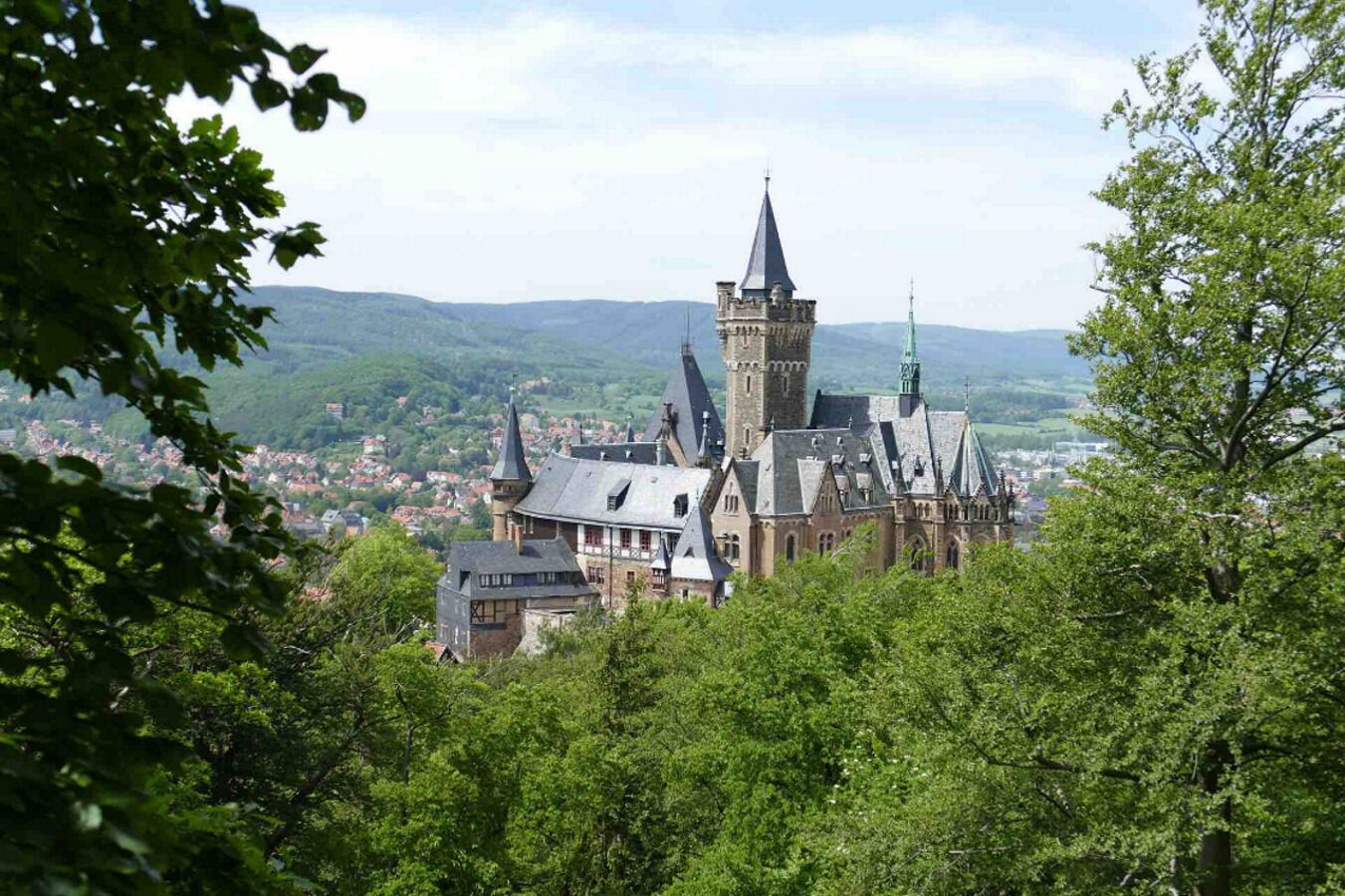 Un château historique doté de nombreuses tours, dont une tour centrale imposante, entouré d’une végétation luxuriante et offrant une vue sur une ville située en contrebas.