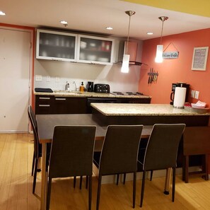 Fridge, microwave, oven, stovetop