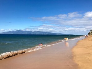 On the beach, sun loungers, beach towels