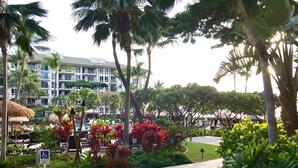 A resort with a swimming pool, palm trees, and a building with multiple balconies.