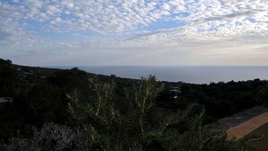 Paesaggio costiero con vista sul mare e edifici sparsi.