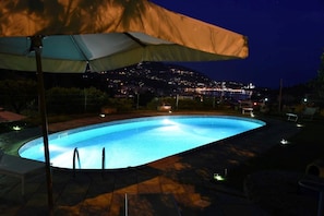 A swimming pool with a canopy, surrounded by a patio area with lounge chairs and a view of a cityscape at night.
