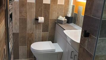 A modern bathroom with a toilet, sink, and shower area.