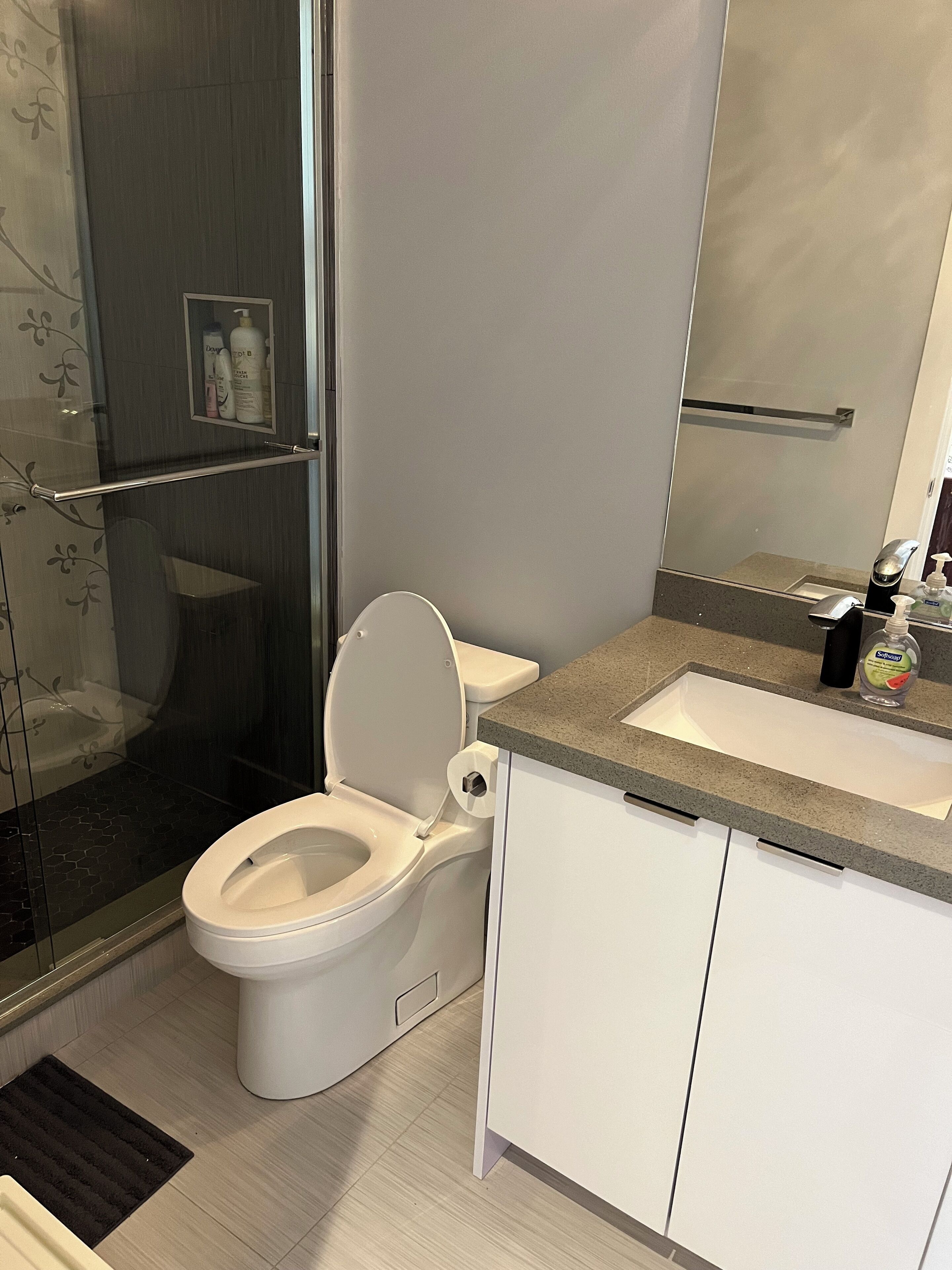 Een douche, een haardroger, handdoeken, zeep