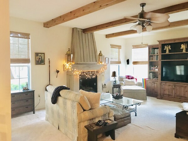 Smart TV, fireplace, DVD player, books