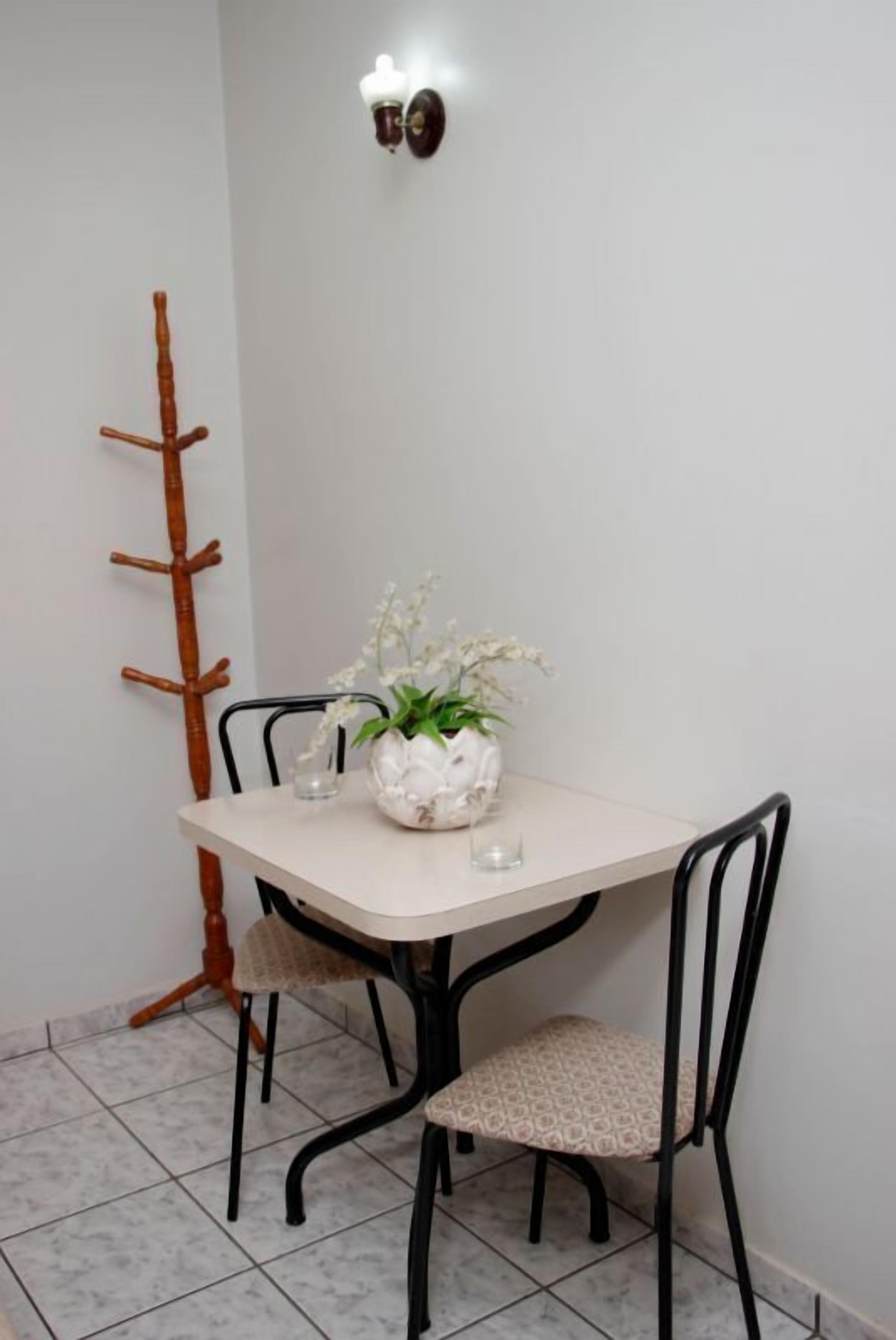 A dining table with chairs, a potted plant, and a wall-mounted light fixture.