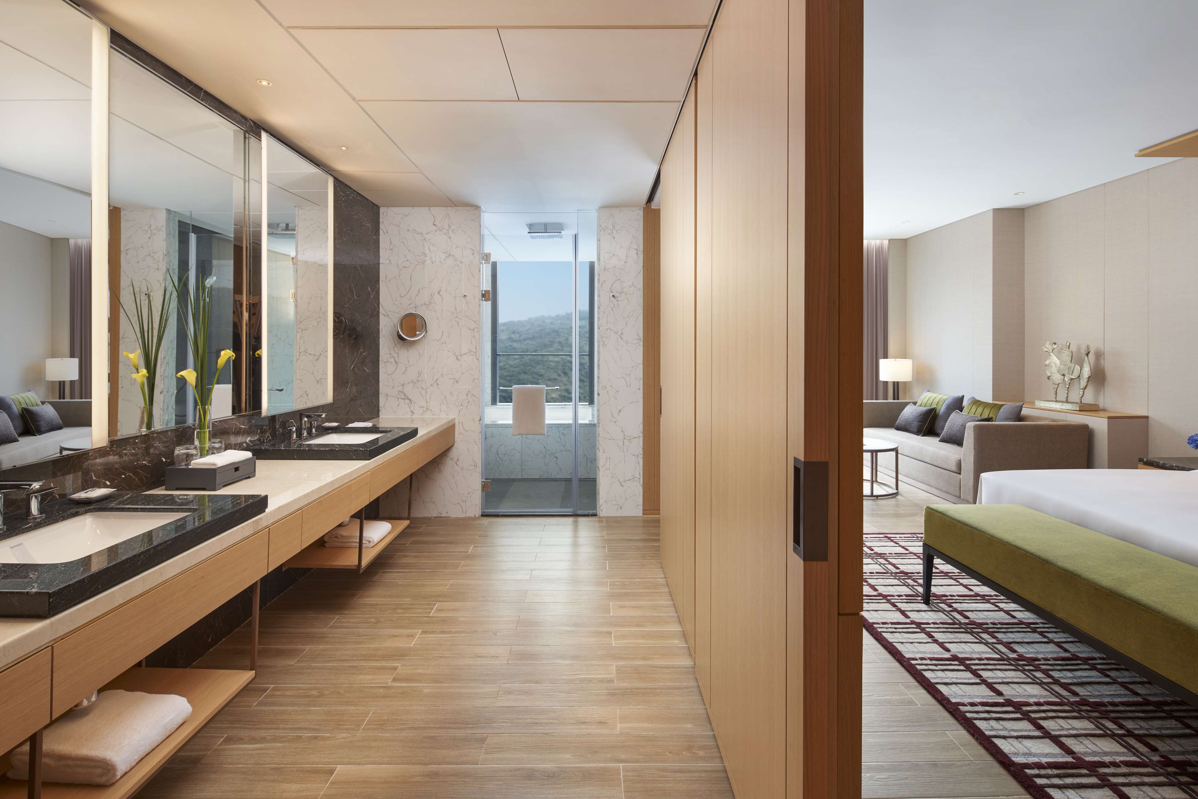 shower, rainfall showerhead, hair dryer, bathrobes