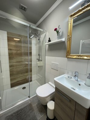 Shower, hair dryer, towels, toilet paper - Single apartment Pure at Köln Messe Bonn Phantasialand Christmas market (Bornheim)