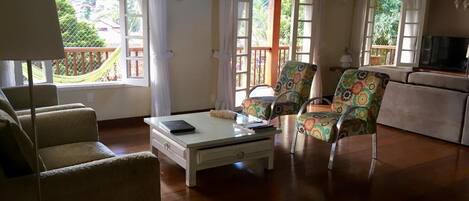 TV connectée, cheminée, lecteur de DVD, livres