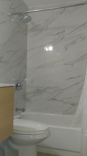 Combined shower/tub, hair dryer, towels, soap