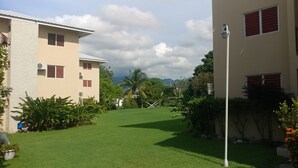 Un quartier résidentiel avec une pelouse bien entretenue, un lampadaire et des bâtiments aux volets rouges.