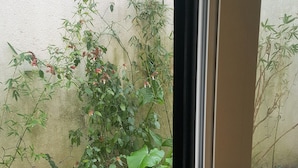 A view through a sliding glass door with a wooden table and a glass vase. - Carmo Apartment in the center of Espinho (Espinho)