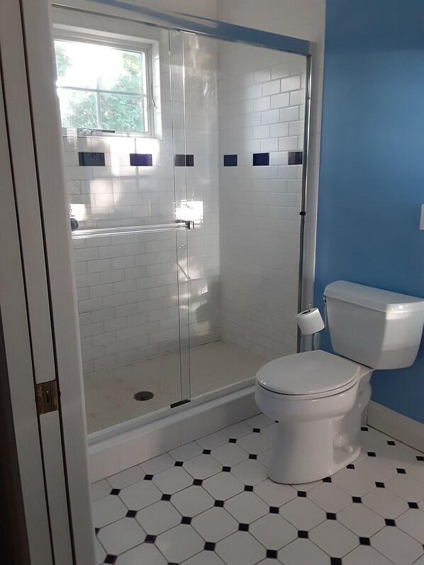 A bathroom with a glass-enclosed shower, white tiled walls, a white toilet, and a blue accent wall.