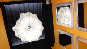 A room with a unique ceiling design featuring a large, white, flower-like structure.