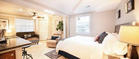 1 bedroom, desk, iron/ironing board, travel cot