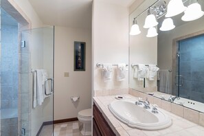 A modern bathroom with a glass shower enclosure, a white toilet, and a large mirror with a vanity. - South Pacific (Telluride)