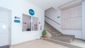 Un espace d’accueil comprenant un comptoir de réception, un escalier et une plante en pot.