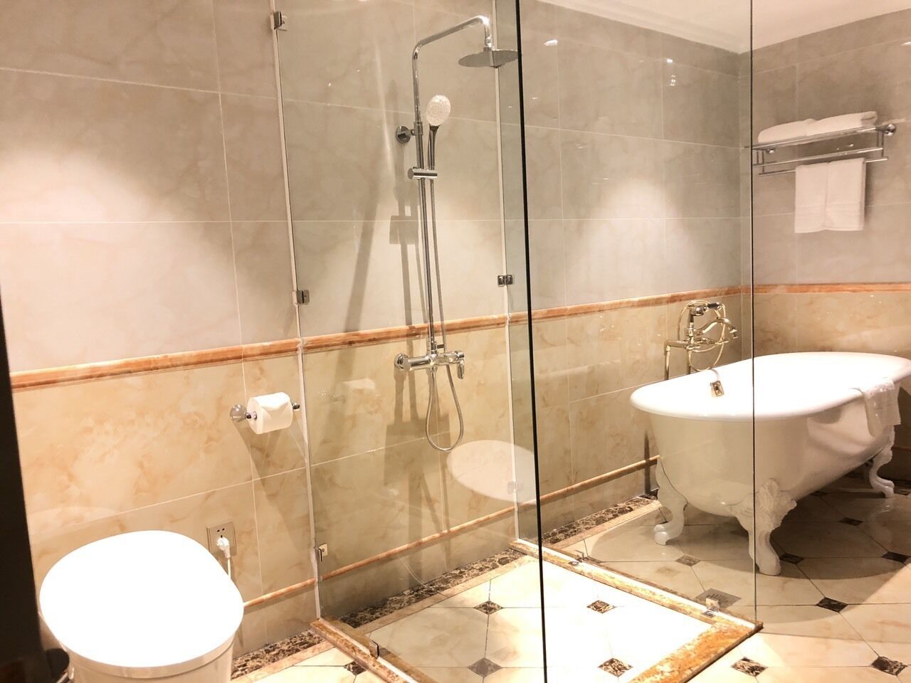 Een badkamer met een douche met glazen wand, een wit toilet en een vrijstaand bad.
