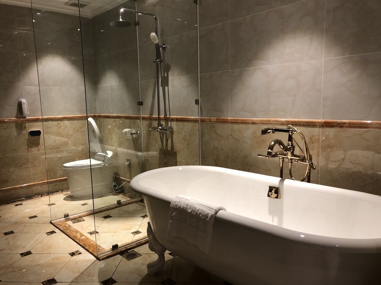 A modern bathroom with a freestanding bathtub, a glass-enclosed shower, and a toilet.