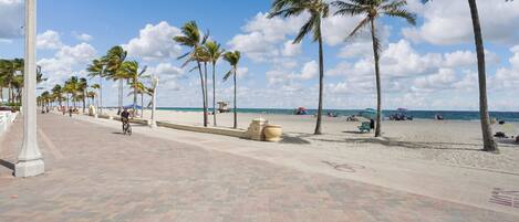 On the beach, sun loungers, beach towels