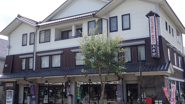 A traditional Japanese building with multiple storefronts, a tree in front, and a vending machine on the left. - Station Business Hotel Tenshukaku Hitoyoshi (Hitoyoshi)