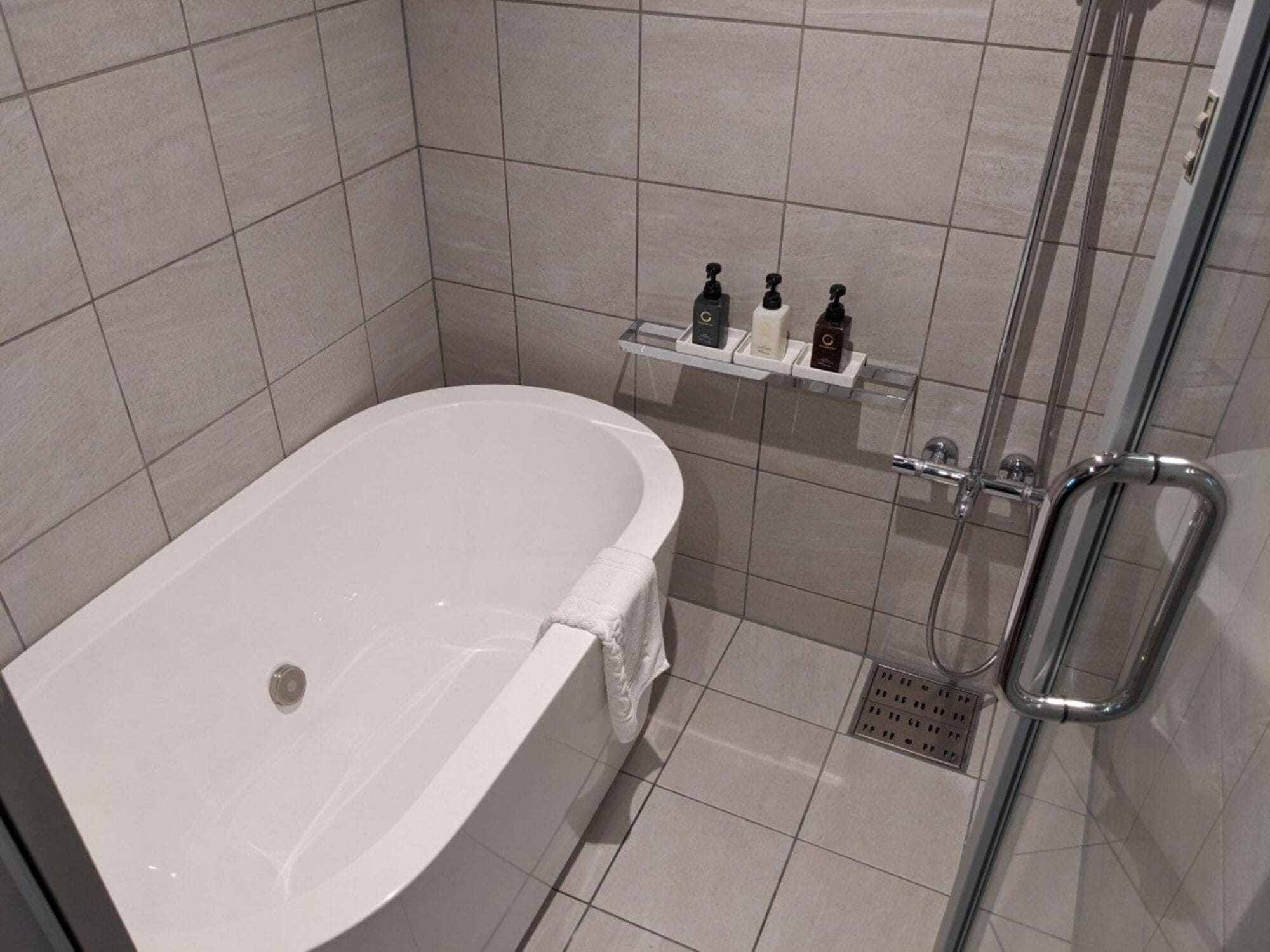 A modern bathroom with a freestanding bathtub, a glass shower enclosure, and a shelf with toiletries.