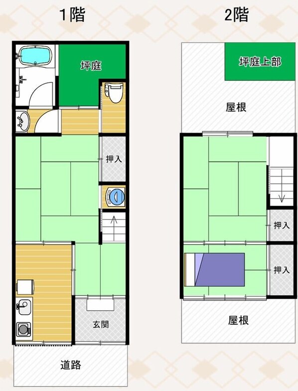 A floor plan of a 1-bedroom and 2-bedroom apartment. The 1-bedroom includes a bathroom, kitchen, living room, and a small balcony. The 2-bedroom features a larger living area, a balcony, and a separate bedroom.
