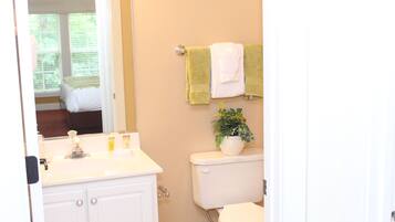 Hair dryer, towels, soap, toilet paper