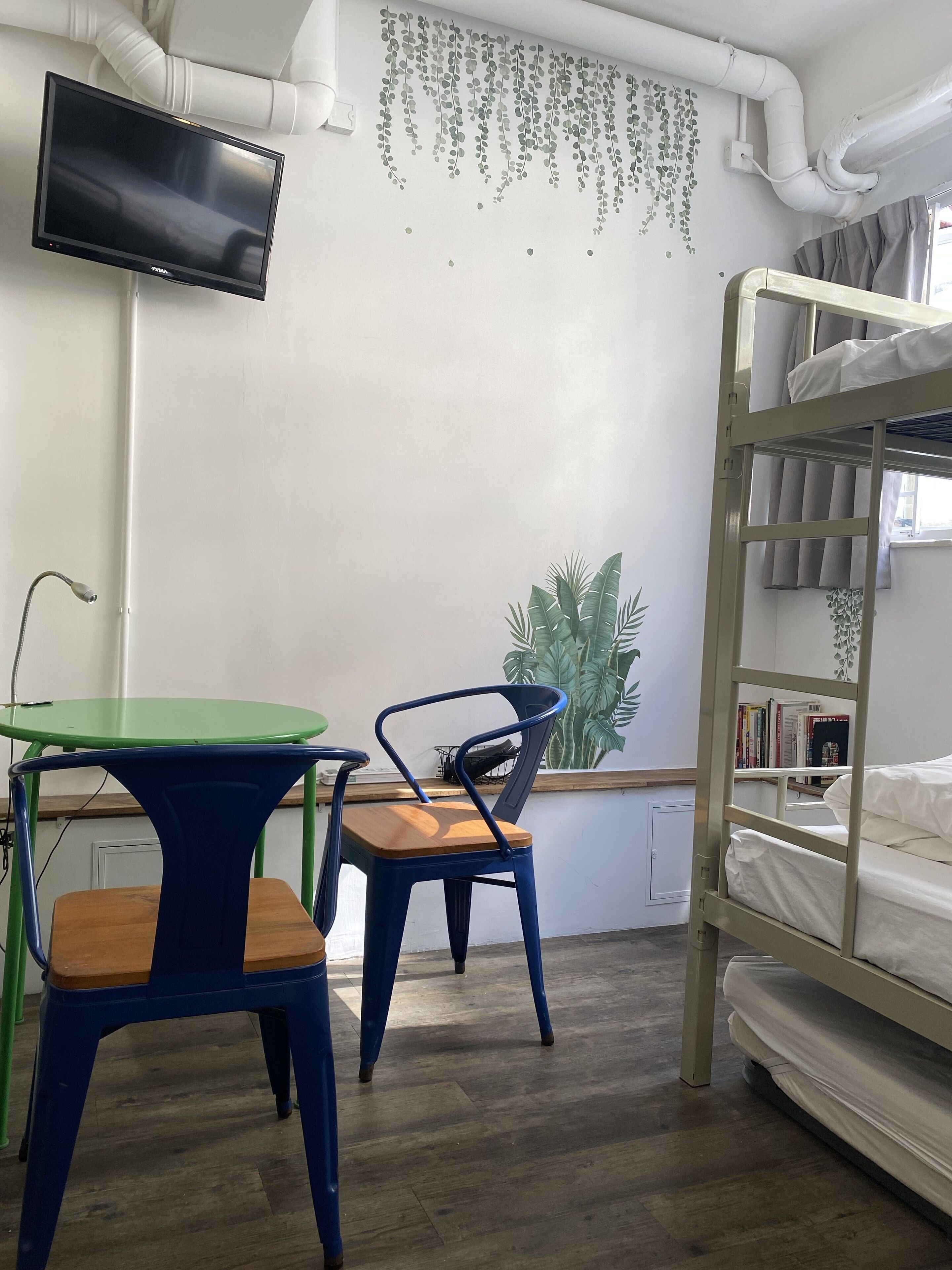 A room with a bunk bed, a desk with a chair, a television mounted on the wall, and a potted plant.