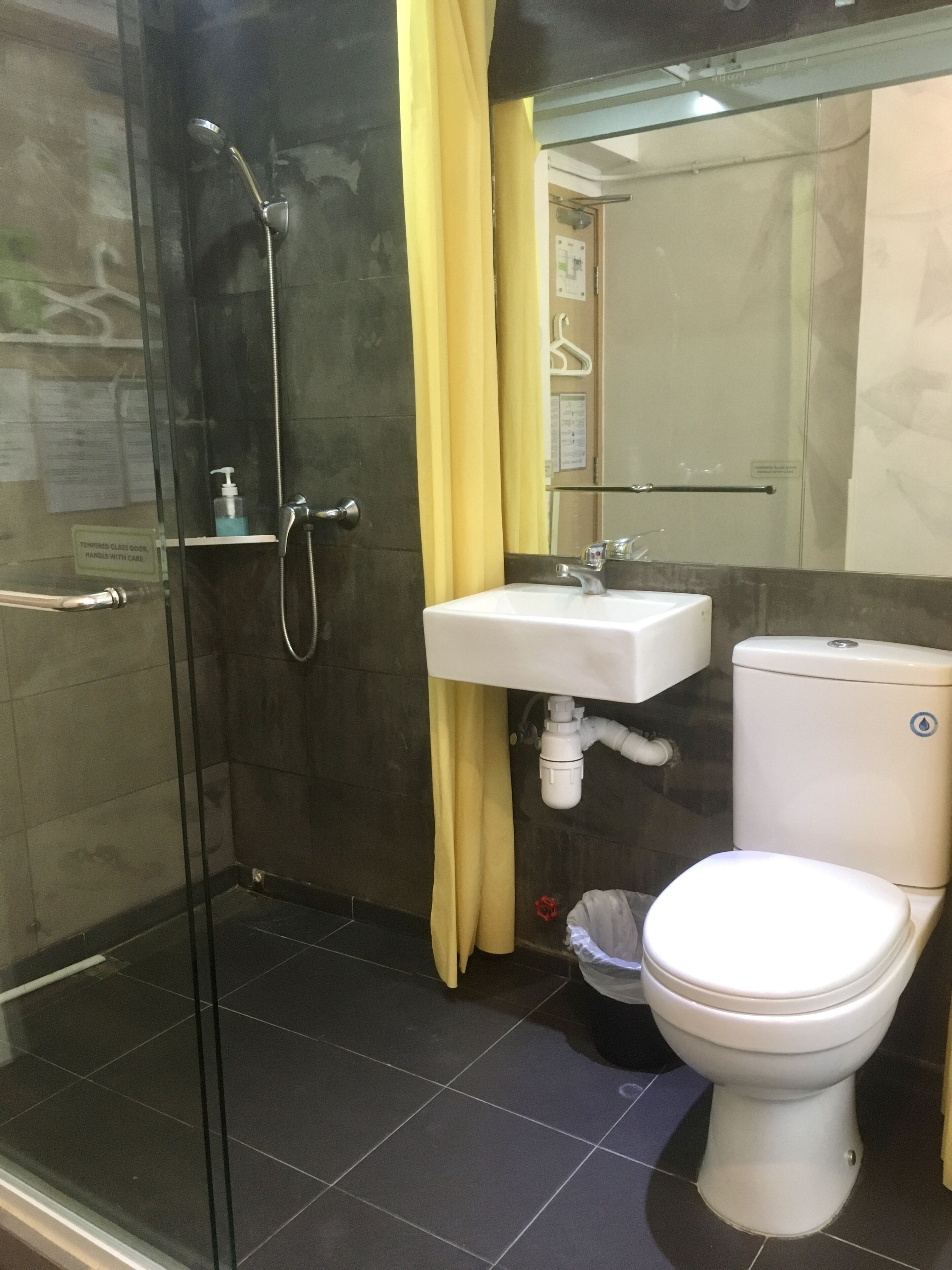 A bathroom with a glass-enclosed shower, a sink, and a toilet.