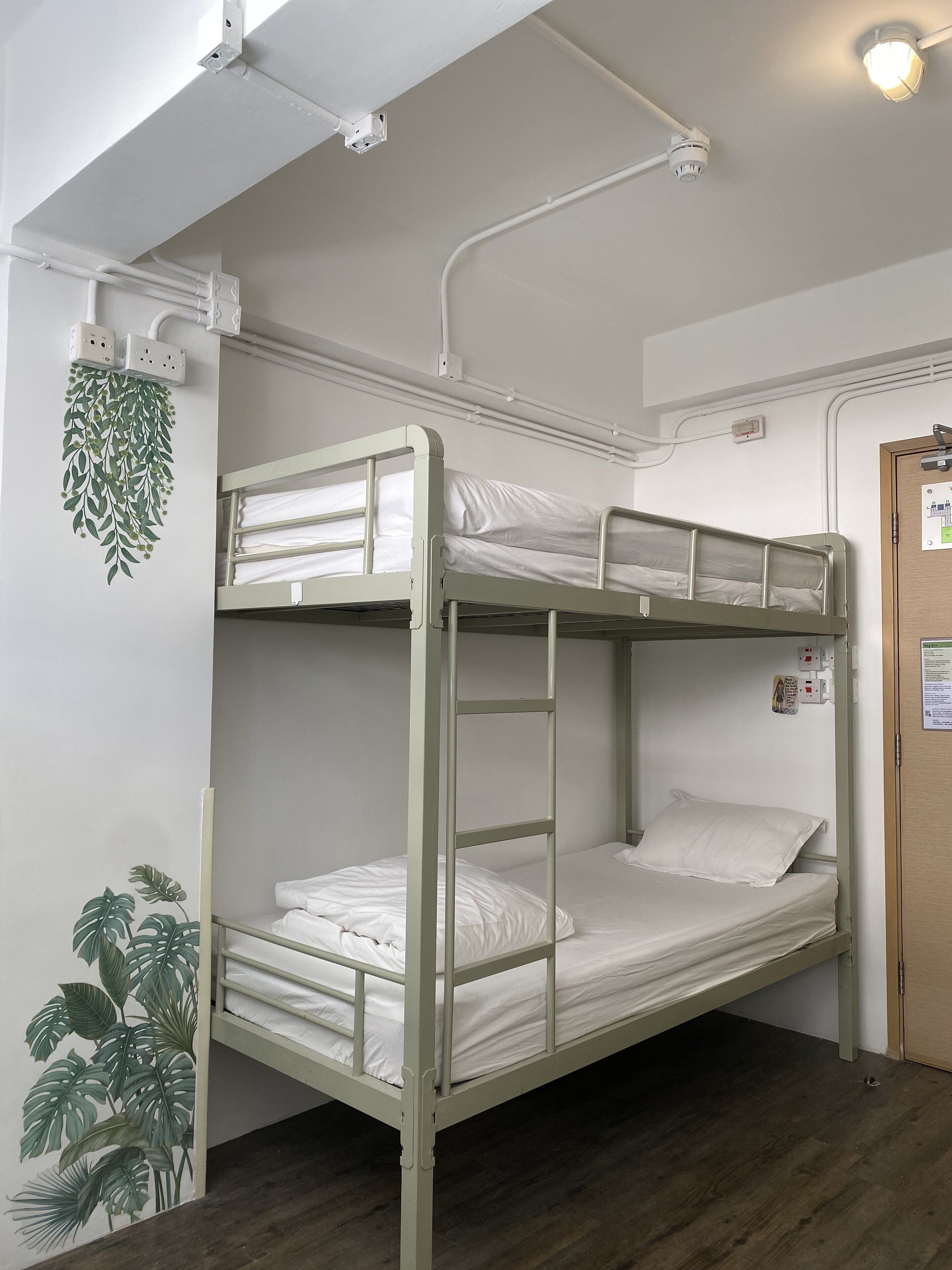 Habitación con literas, ropa de cama blanca, una lámpara en el techo y una planta colgante en la pared.