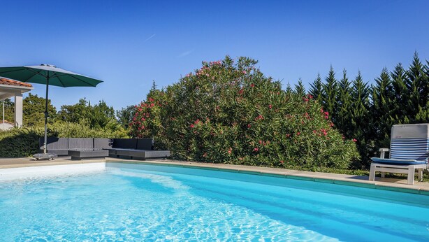 Une piscine d’un bleu éclatant, dotée de chaises longues et d’un espace salon abrité.