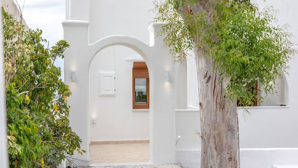 A white building with a stone-tiled entrance, a wooden door, and a large tree in the foreground. - Villa Agave (Naxos)