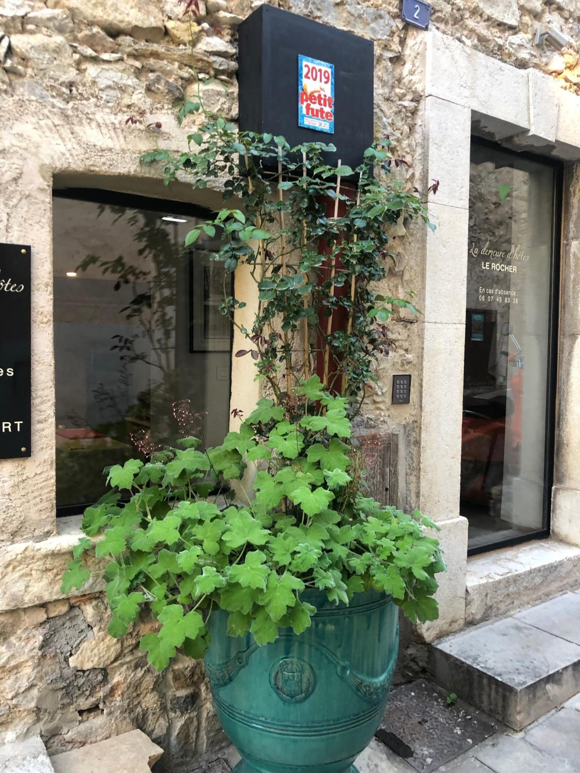 A building with a stone facade, a large potted plant with green foliage, and a sign indicating a '2019 Petit Fute' event.