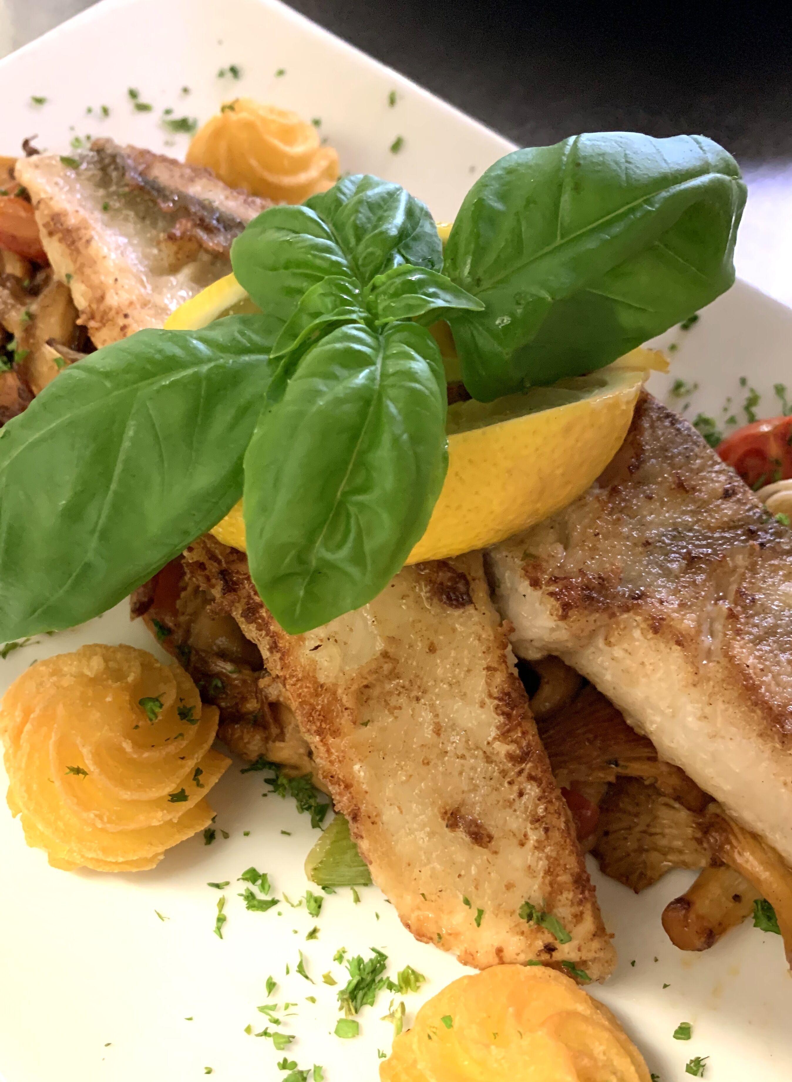 Ein Teller mit gegrilltem Fisch, Zitronenscheiben und Basilikumblättern.